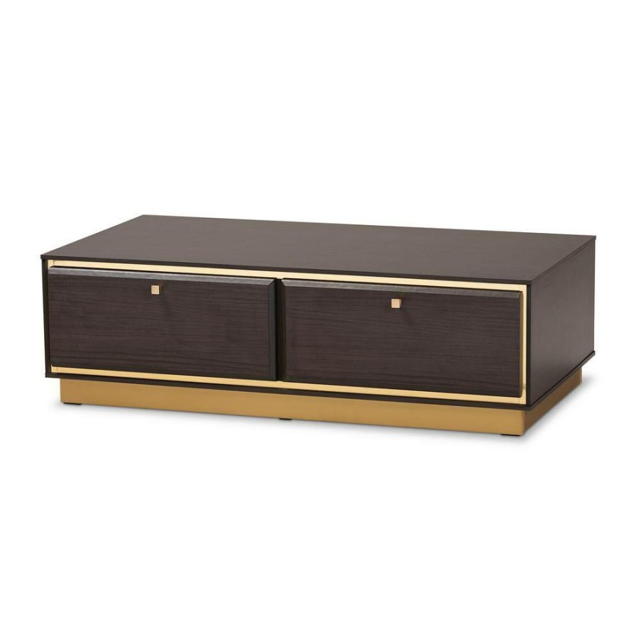 Living Room Furniture * | Cormac 41 .3 In. Dark Brown And Gold Rectangle Wood Coffee Table By Baxton Studio