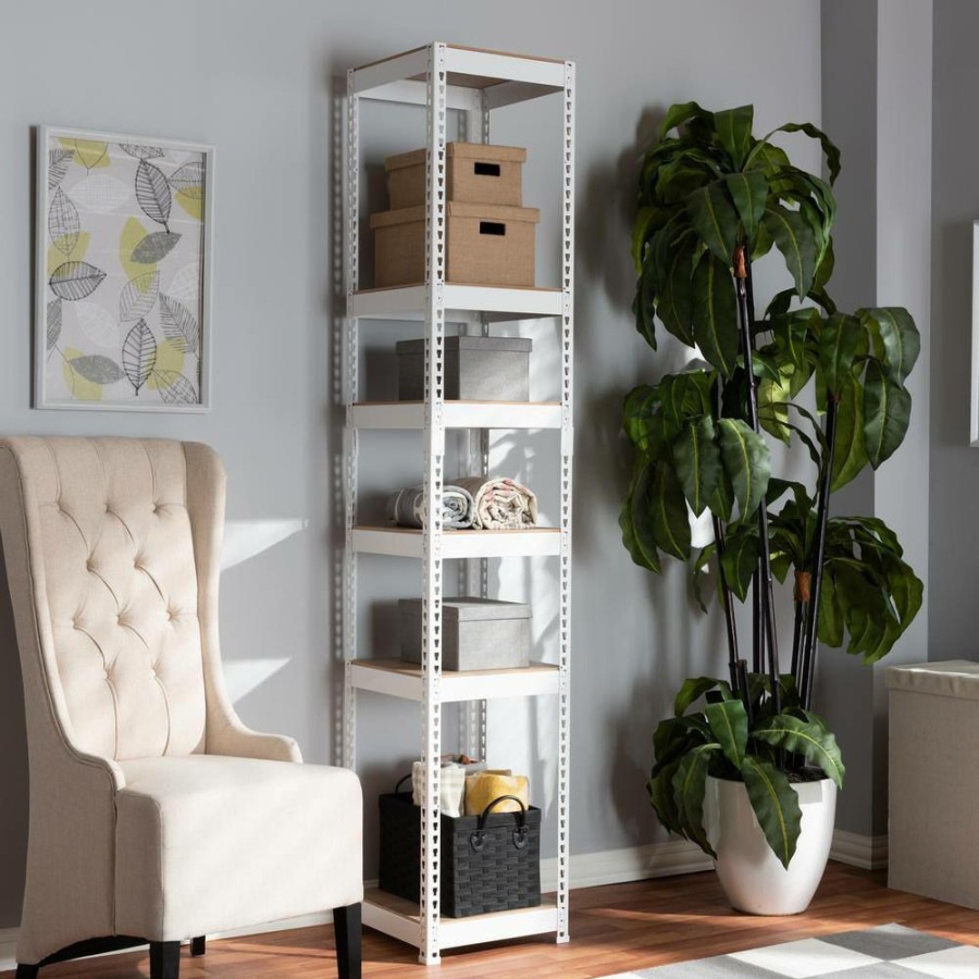 Entryway Furniture * | Gavin White Storage Rack With 5-Metal Shelves By Baxton Studio