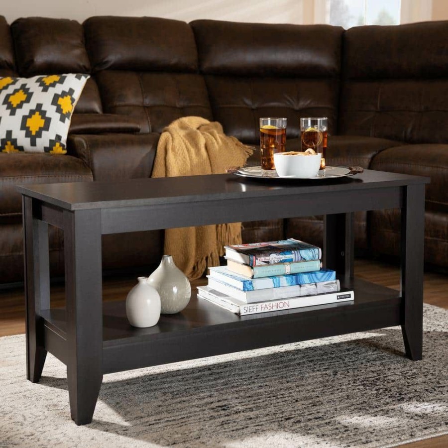 Living Room Furniture * | Elada 40 In. Dark Brown Medium Rectangle Wood Coffee Table With Shelf By Baxton Studio