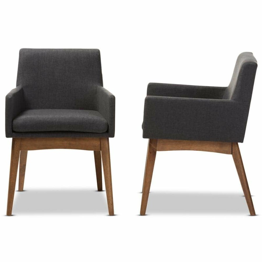 Living Room Furniture * | Nexus Dark Grey/Walnut Brown Fabric Dining Armchair (Set Of 2) By Baxton Studio