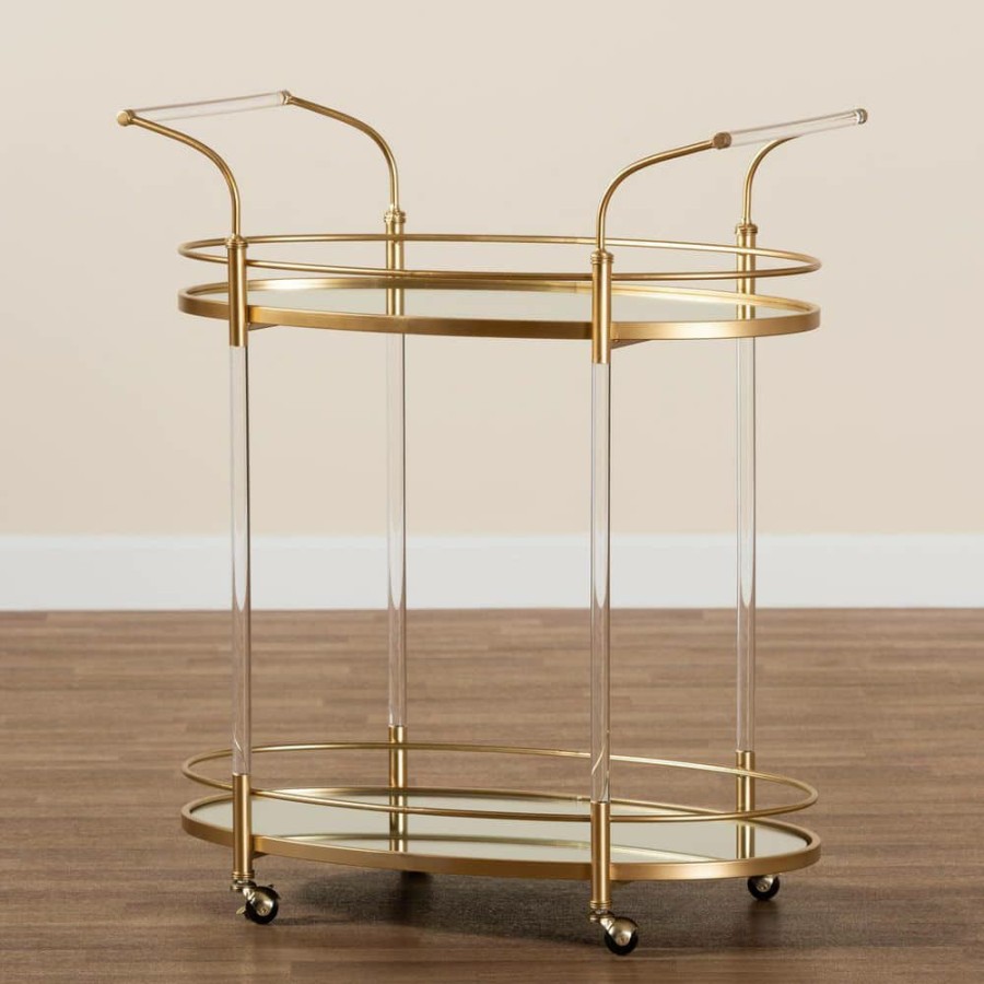 Bar Furniture * | Nakano Gold And Mirrored Glass Wine Cart By Baxton Studio