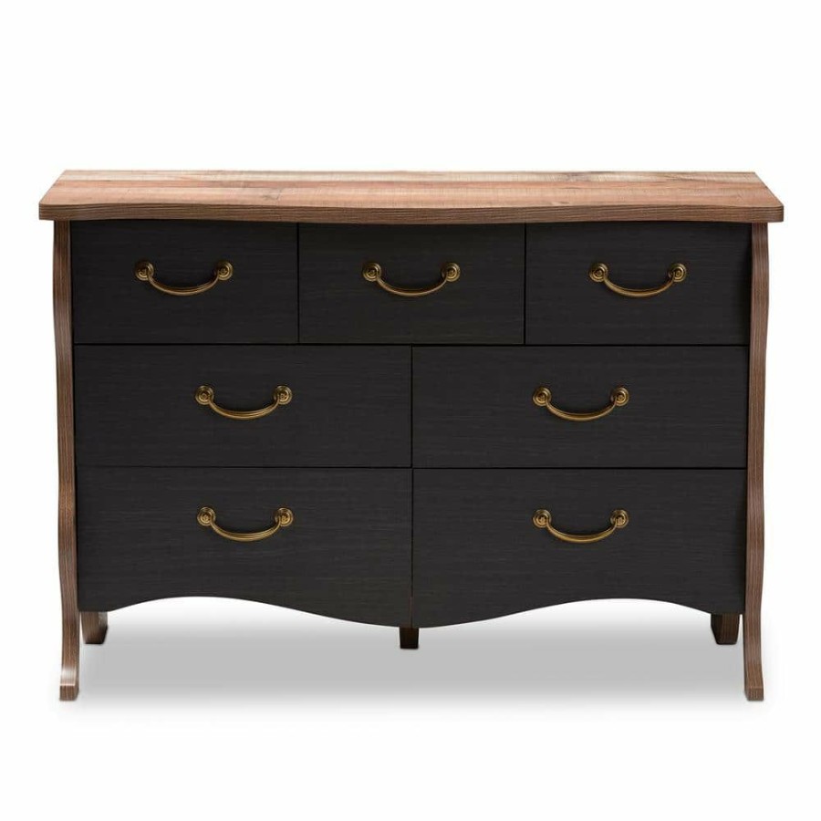 Bedroom Furniture * | Romilly 7-Drawer Black And Oak Brown Dresser By Baxton Studio