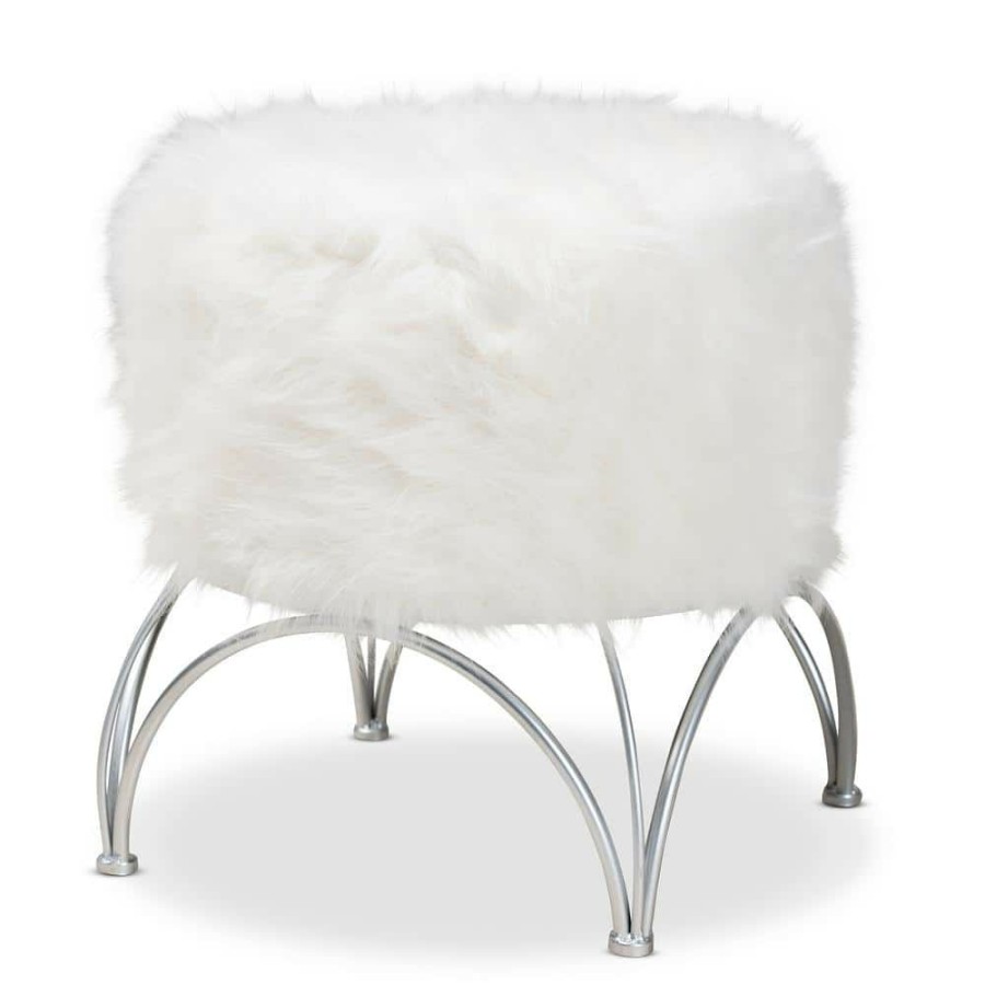 Living Room Furniture * | Celia White Faux Fur Metal Ottoman By Baxton Studio