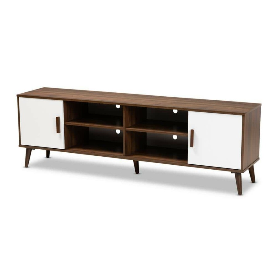 Living Room Furniture * | Quinn Walnut And White Modern Tv Stand By Baxton Studio