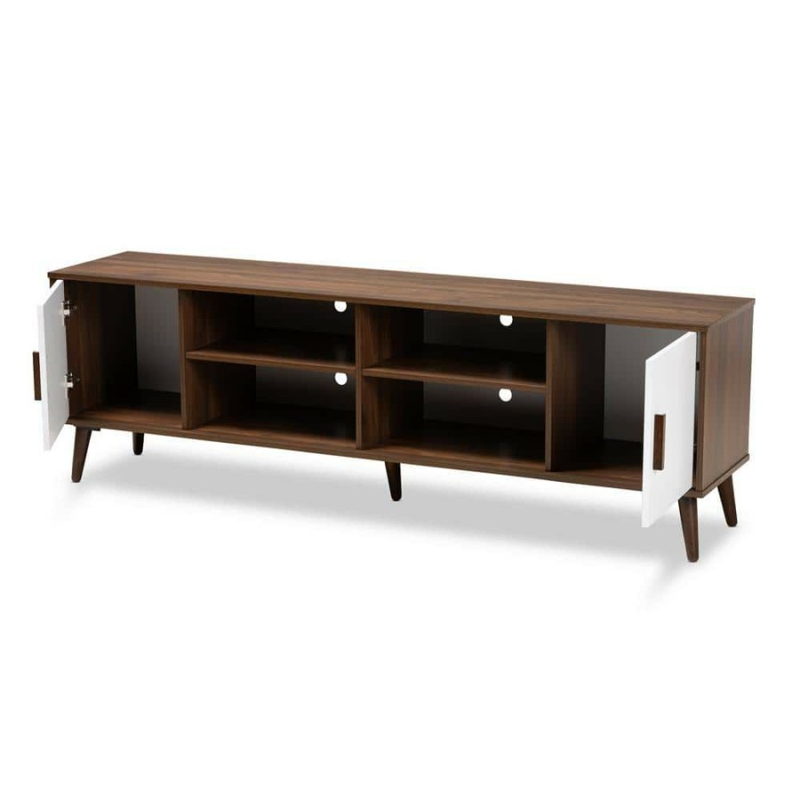 Living Room Furniture * | Quinn Walnut And White Modern Tv Stand By Baxton Studio