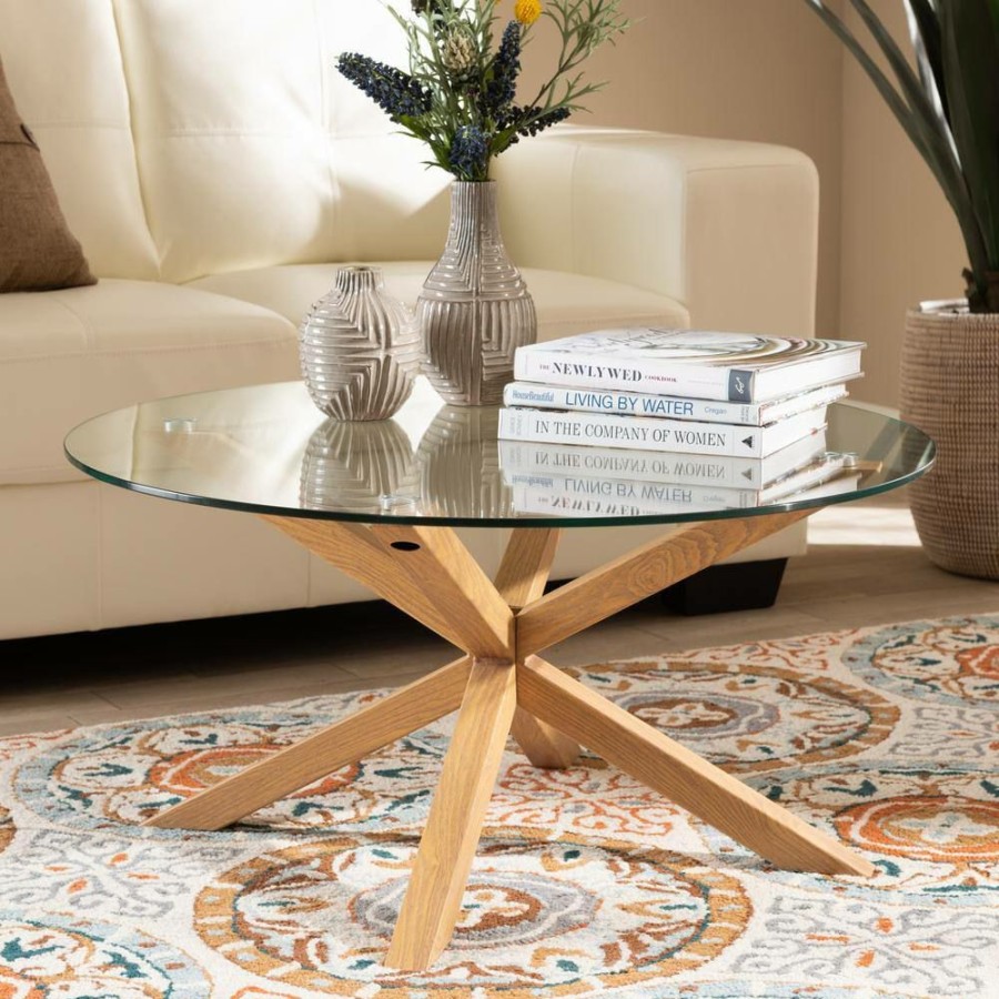 Living Room Furniture * | 33 In. Natural Medium Round Glass Coffee Table By Baxton Studio