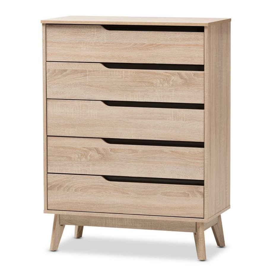 Bedroom Furniture * | Fella 5-Drawer Light Brown Wood Chest By Baxton Studio