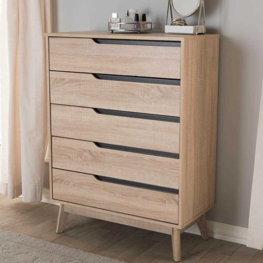 Bedroom Furniture * | Fella 5-Drawer Light Brown Wood Chest By Baxton Studio