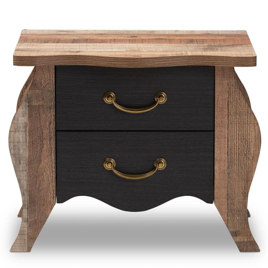 Bedroom Furniture * | Romilly 2-Drawer Black And Oak Brown Nightstand By Baxton Studio