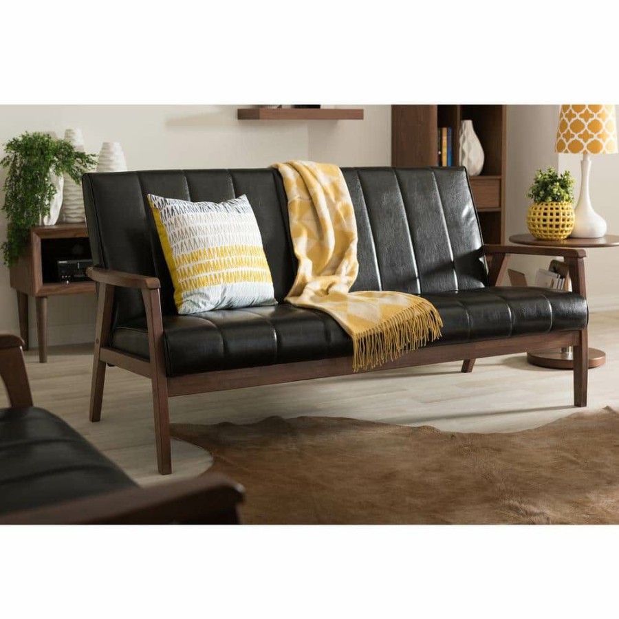 Living Room Furniture * | Nikko 63.4 In. Black Faux Leather 4-Seater Cabriole Sofa With Wood Frame By Baxton Studio