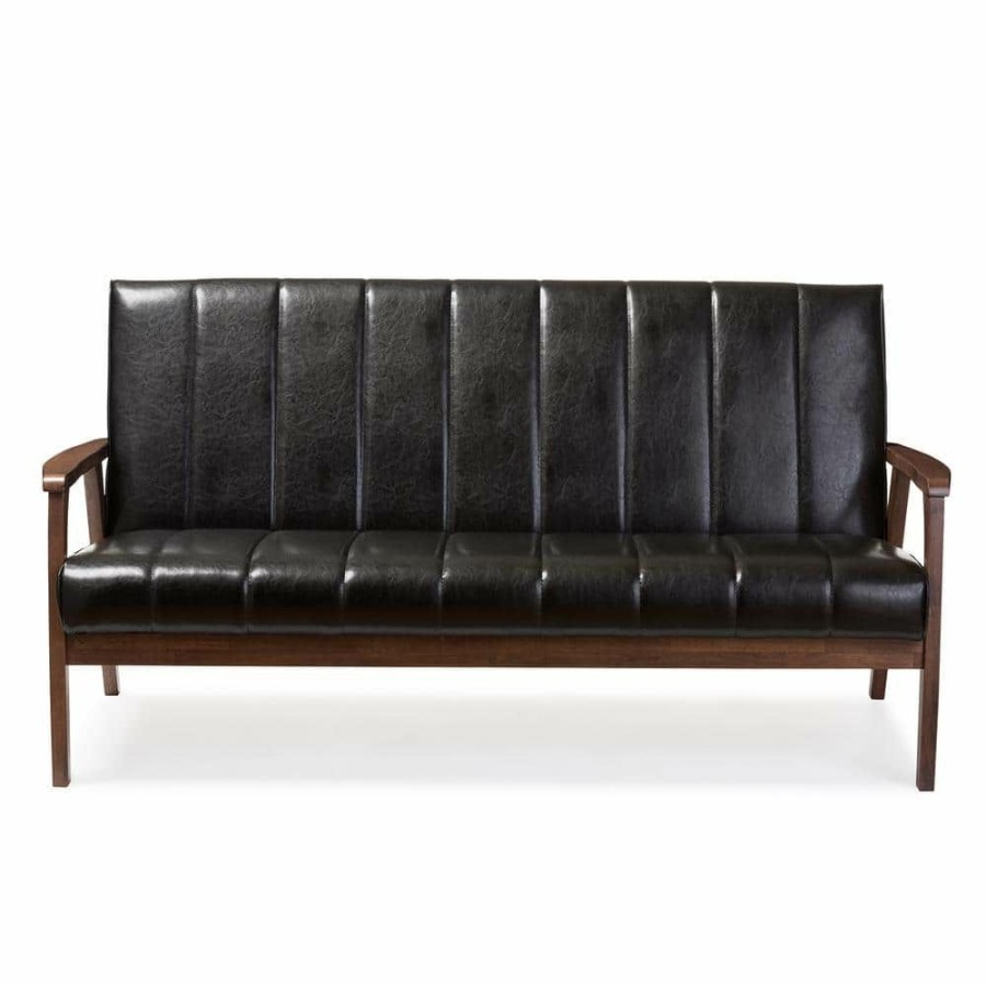 Living Room Furniture * | Nikko 63.4 In. Black Faux Leather 4-Seater Cabriole Sofa With Wood Frame By Baxton Studio