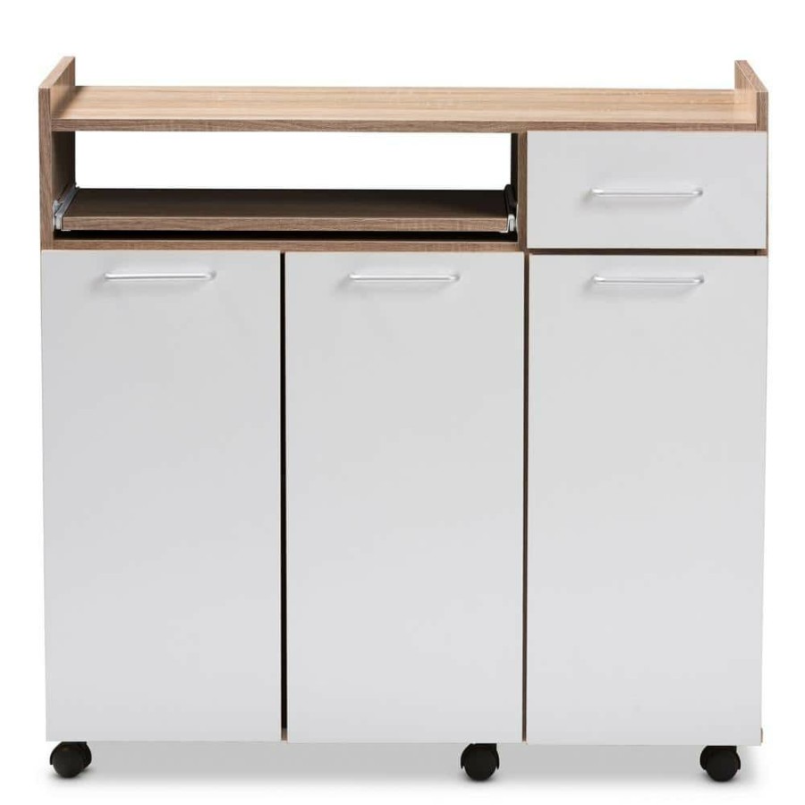 Living Room Furniture * | Charmain White And Oak Brown Kitchen Cart By Baxton Studio