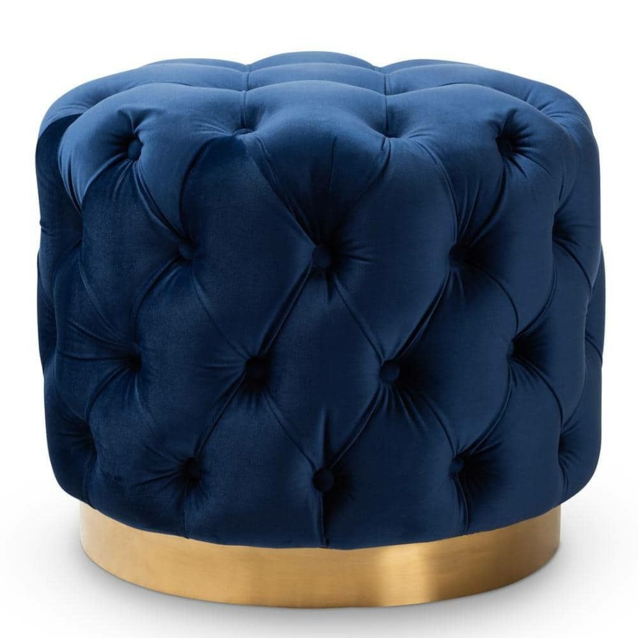 Living Room Furniture * | Valeria Royal Blue And Gold Ottoman By Baxton Studio