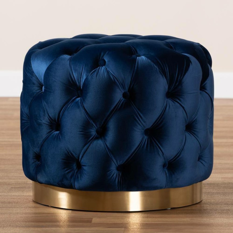 Living Room Furniture * | Valeria Royal Blue And Gold Ottoman By Baxton Studio