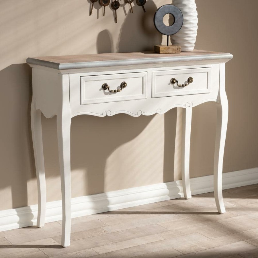 Entryway Furniture * | Capucine 36 In. White/Oak Standard Rectangle Wood Console Table With 2-Drawers By Baxton Studio