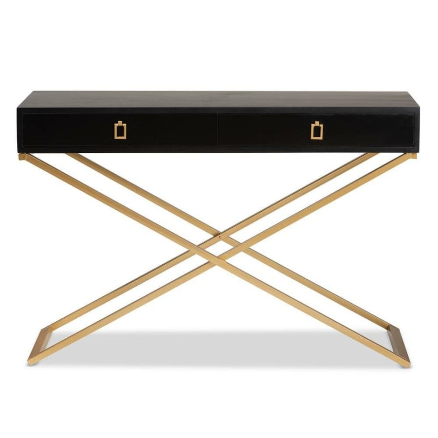 Entryway Furniture * | Madan 47.2 In. Black And Gold Rectangle Wood Top Console Table By Baxton Studio