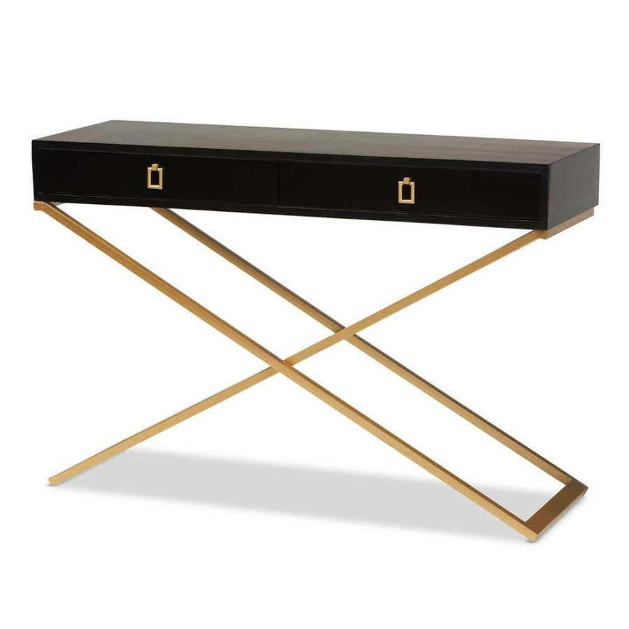 Entryway Furniture * | Madan 47.2 In. Black And Gold Rectangle Wood Top Console Table By Baxton Studio