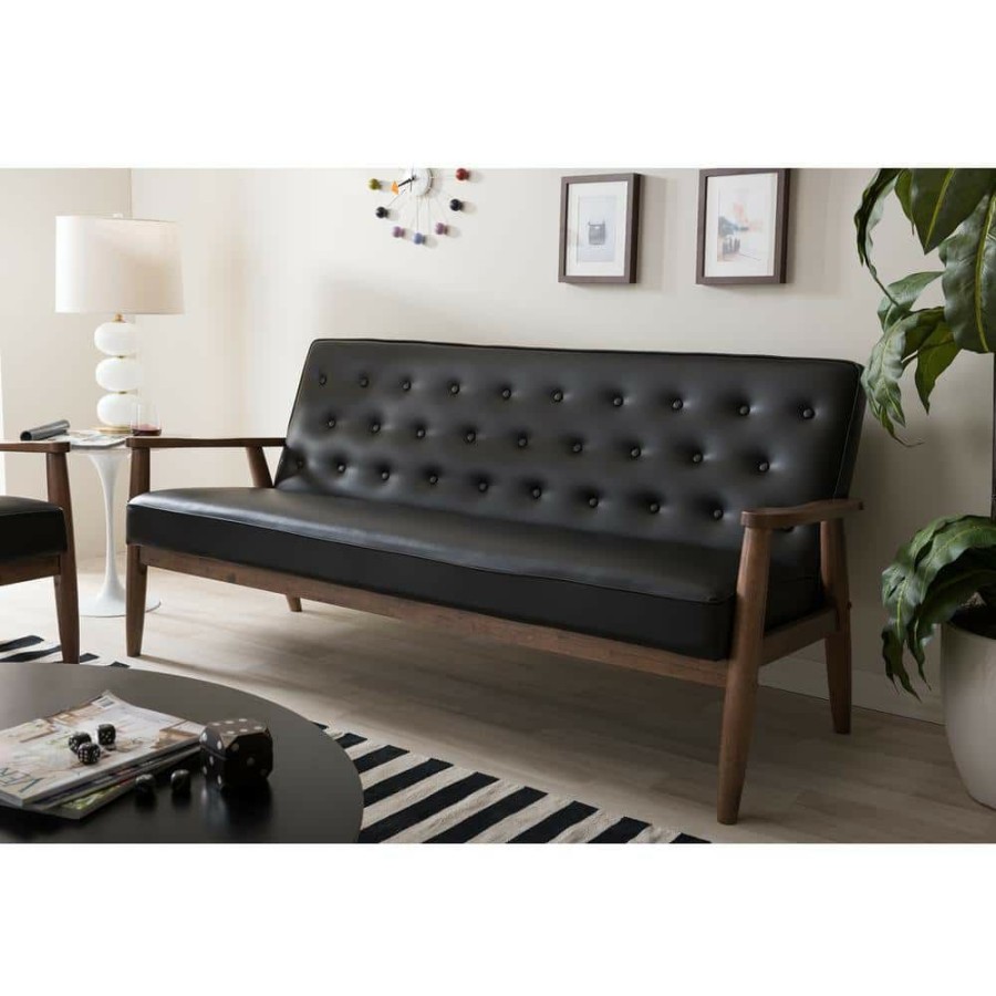 Living Room Furniture * | Sorrento 70.6 In. Black Faux Leather 4-Seater Cabriole Sofa With Wood Frame By Baxton Studio