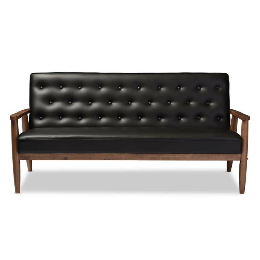 Living Room Furniture * | Sorrento 70.6 In. Black Faux Leather 4-Seater Cabriole Sofa With Wood Frame By Baxton Studio