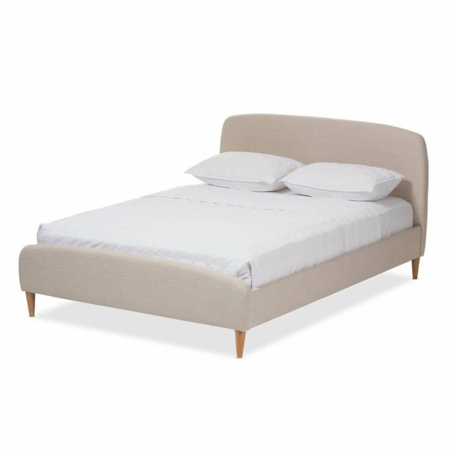 Bedroom Furniture * | Mia Mid-Century Beige Fabric Upholstered King Size Bed By Baxton Studio