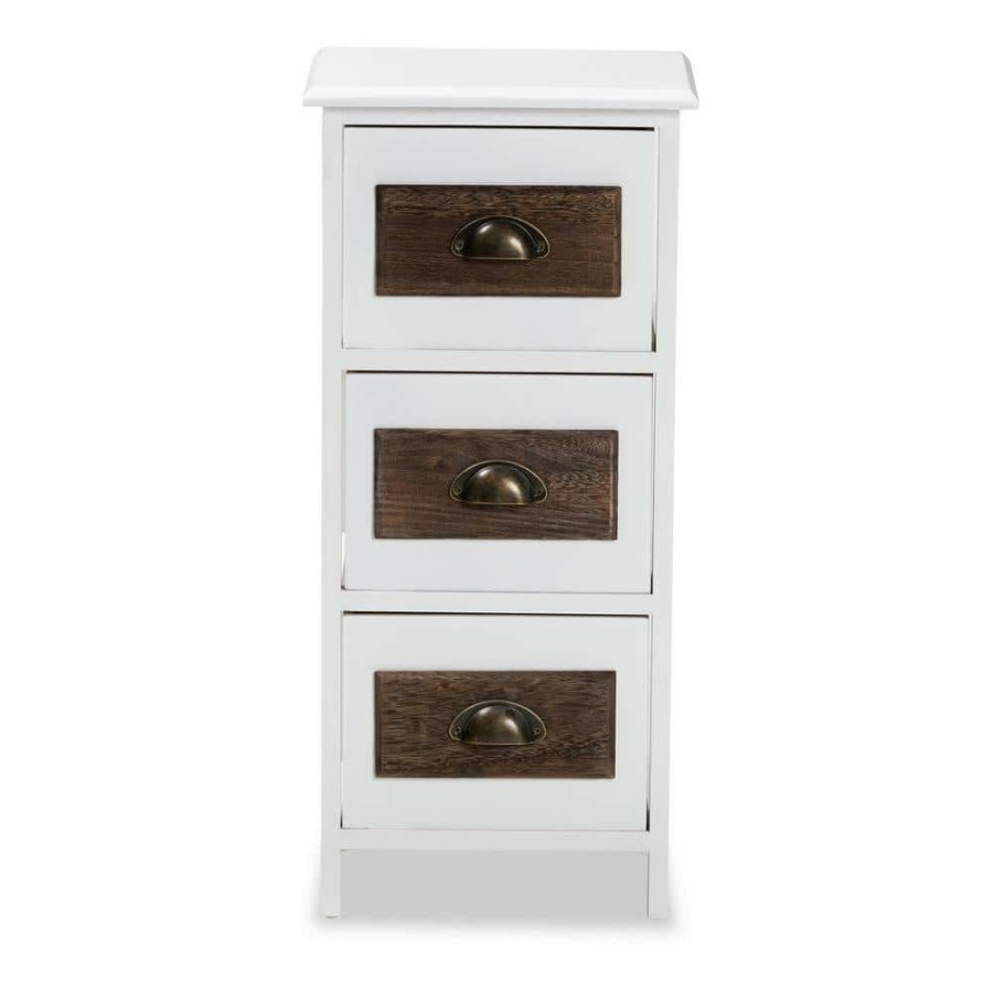 Living Room Furniture * | Fanning Walnut Brown And White 3-Drawer Storage Unit By Baxton Studio