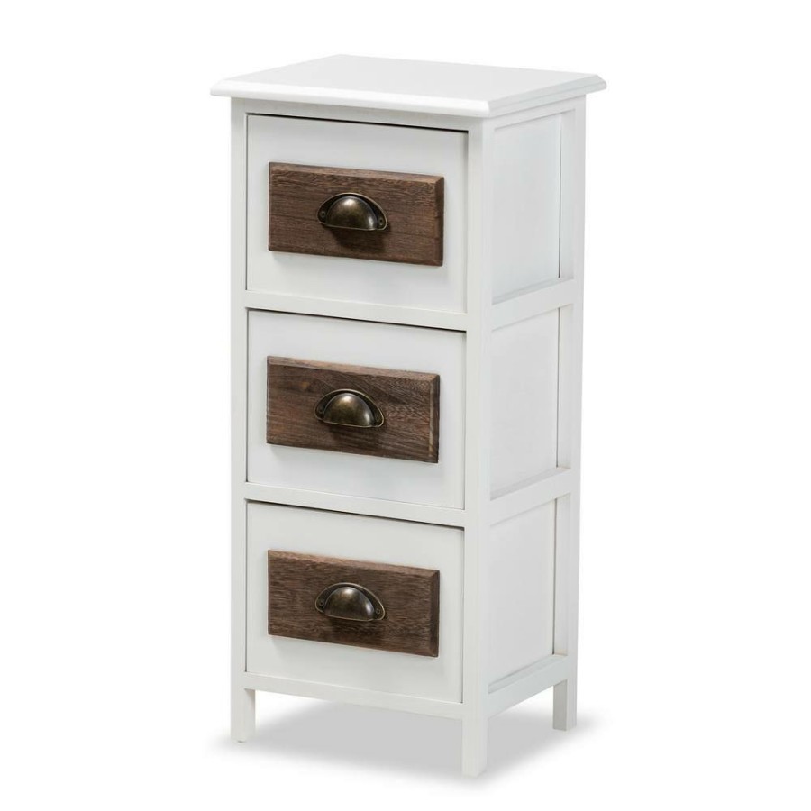 Living Room Furniture * | Fanning Walnut Brown And White 3-Drawer Storage Unit By Baxton Studio