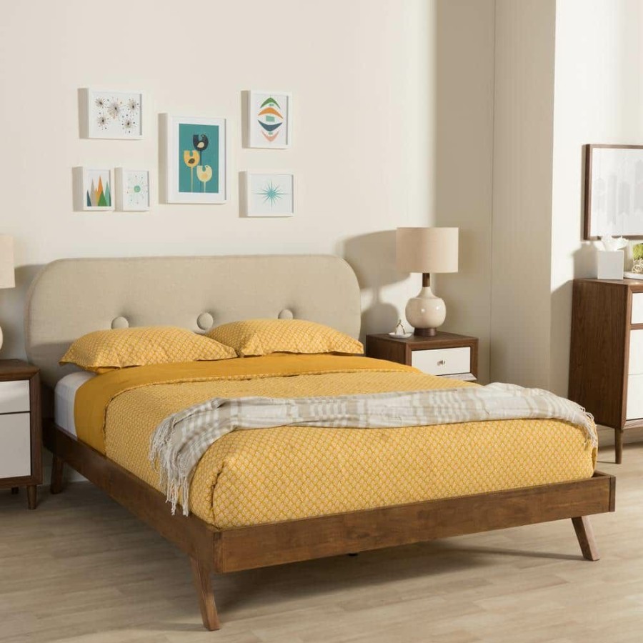 Bedroom Furniture * | Penelope Mid-Century Beige Fabric Upholstered Queen Size Bed By Baxton Studio