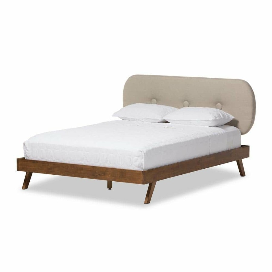 Bedroom Furniture * | Penelope Mid-Century Beige Fabric Upholstered Queen Size Bed By Baxton Studio