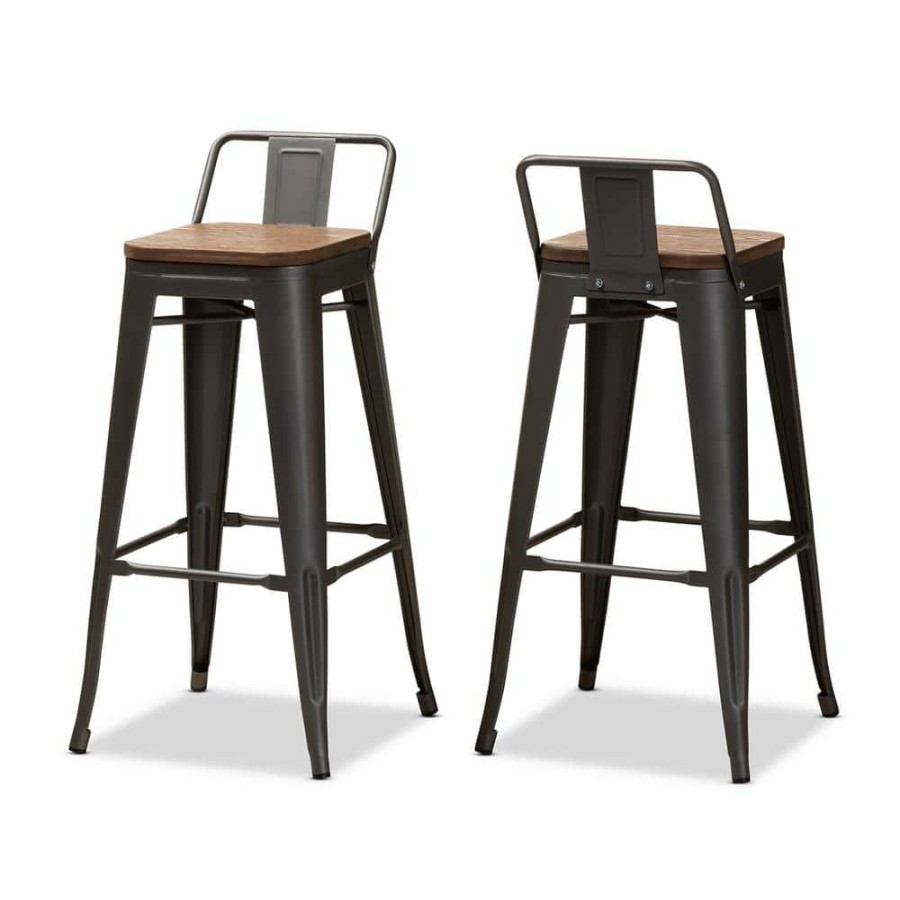 Bar Furniture * | Henri 36 In. Gunmetal Gray And Oak Brown Bar Stool (Set Of 2) By Baxton Studio