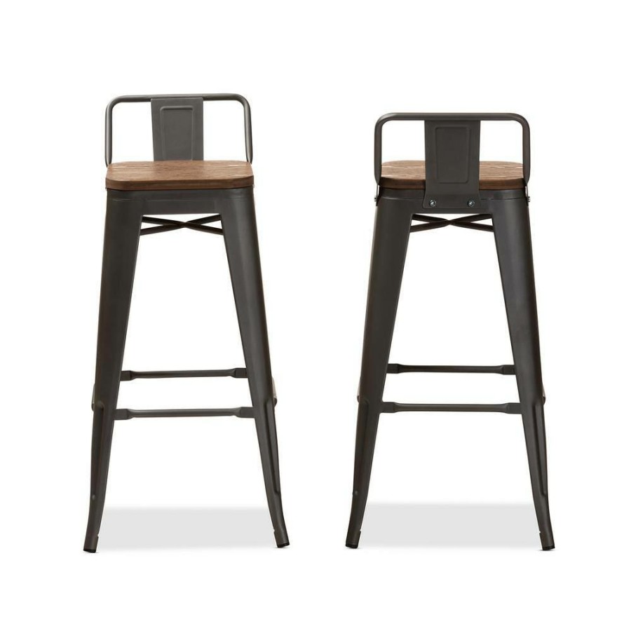 Bar Furniture * | Henri 36 In. Gunmetal Gray And Oak Brown Bar Stool (Set Of 2) By Baxton Studio