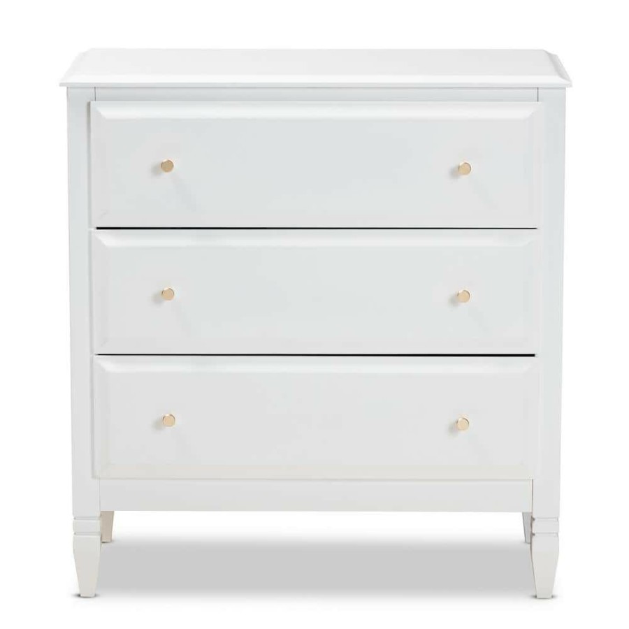 Living Room Furniture * | Naomi 3-Drawer White And Gold Wood Chest By Baxton Studio