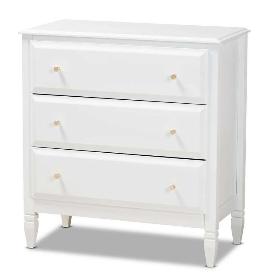 Living Room Furniture * | Naomi 3-Drawer White And Gold Wood Chest By Baxton Studio