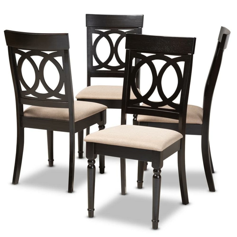 Living Room Furniture * | Lucie Sand And Espresso Fabric Dining Chair (Set Of 4) By Baxton Studio