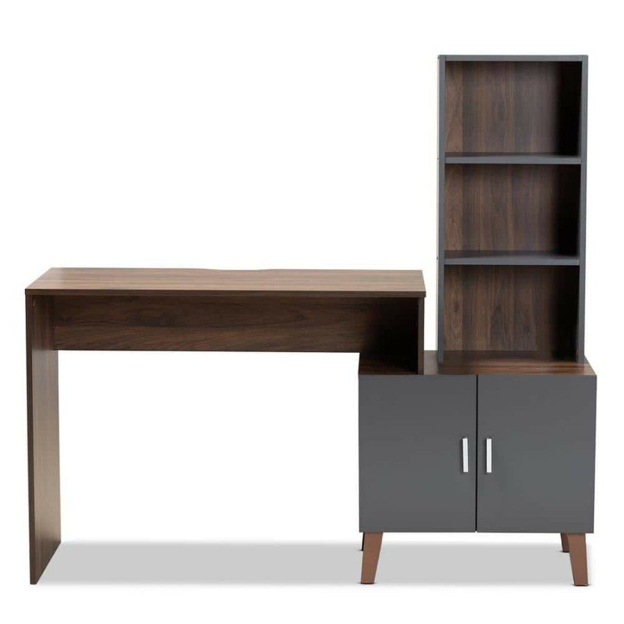 Bar Furniture * | Jaeger 56.7 In. Grey And Walnut Brown Computer Desk By Baxton Studio