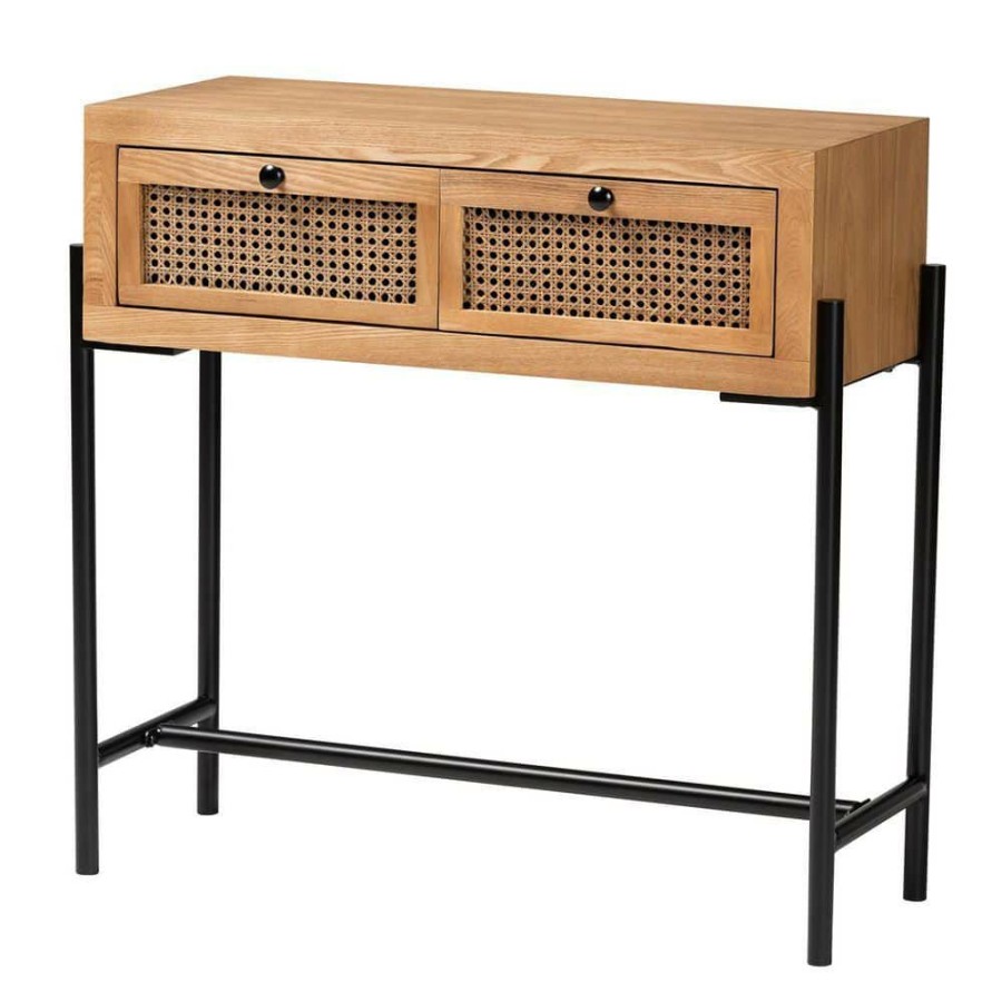 Entryway Furniture * | Santino 31.5 In. Natural Brown And Black Rectangle Wood Top Console Table By Baxton Studio