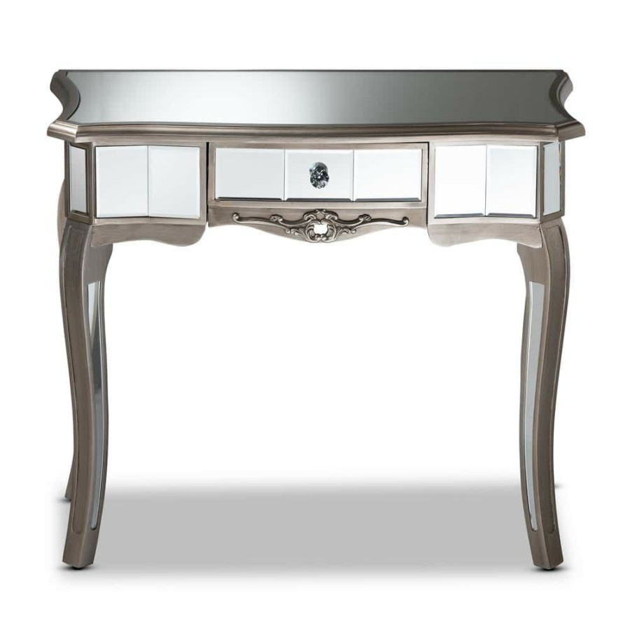 Entryway Furniture * | Elgin 35.8 In. Silver And Mirror Rectangle Glass Console Table By Baxton Studio