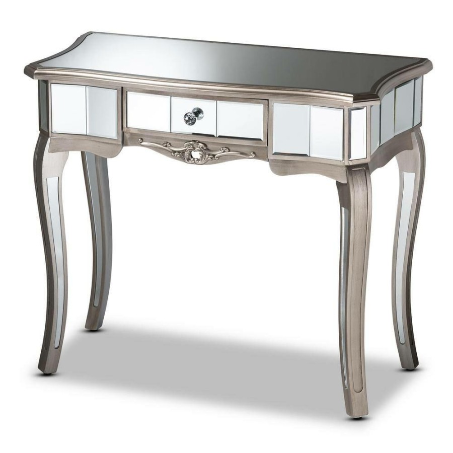 Entryway Furniture * | Elgin 35.8 In. Silver And Mirror Rectangle Glass Console Table By Baxton Studio