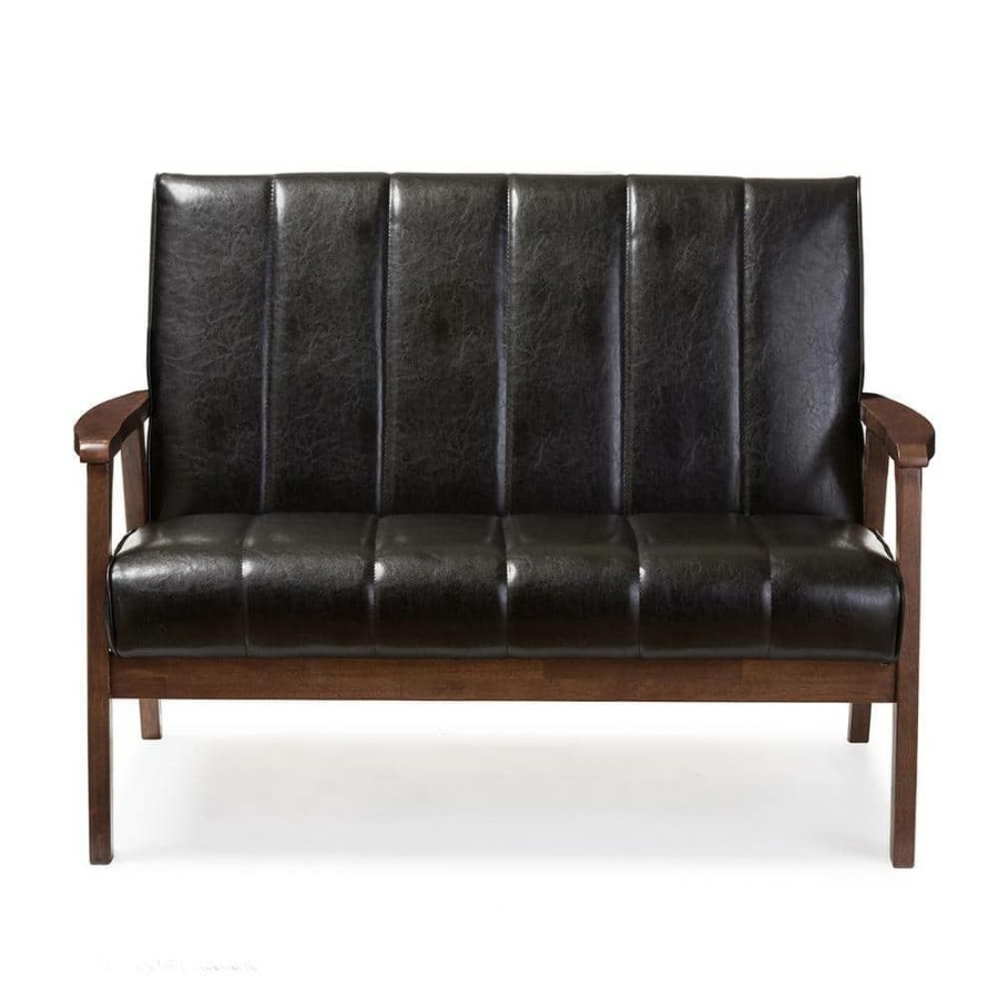 Living Room Furniture * | Nikko 44.7 In. Black Faux Leather 2-Seater Loveseat With Wood Frame By Baxton Studio