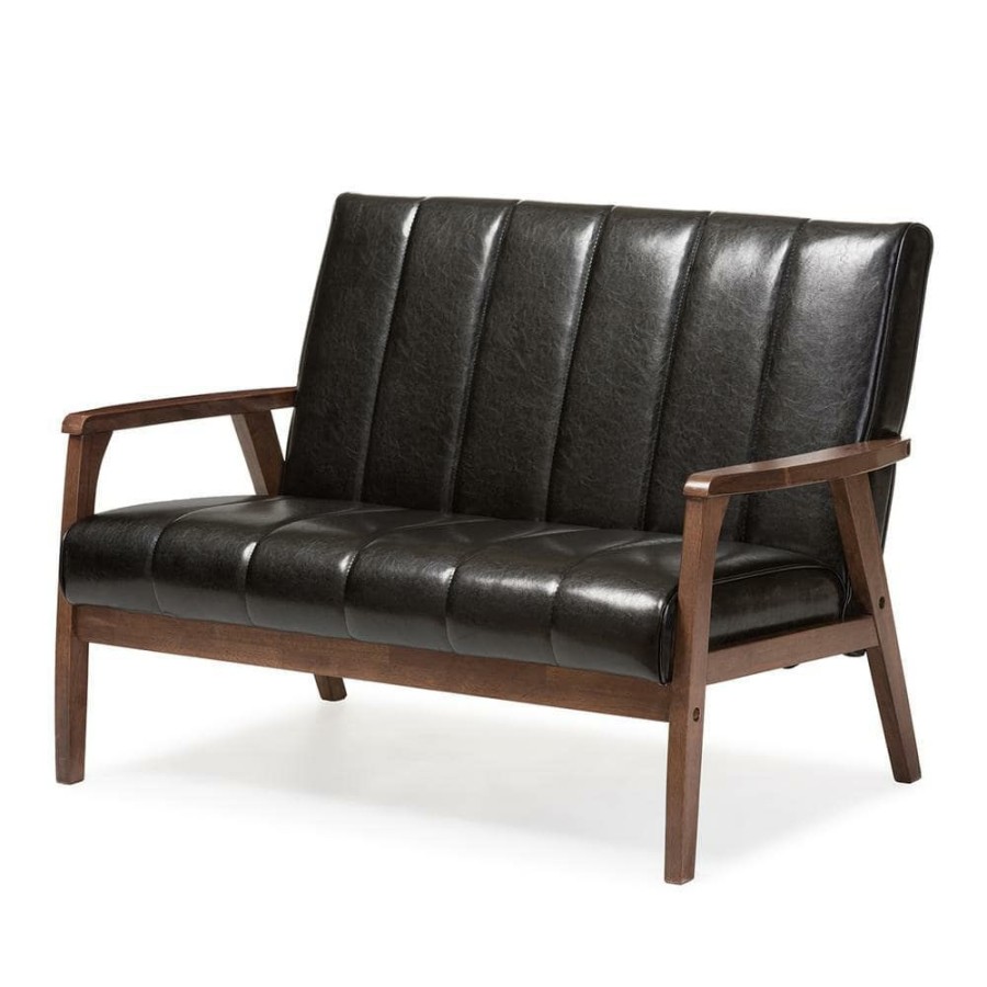 Living Room Furniture * | Nikko 44.7 In. Black Faux Leather 2-Seater Loveseat With Wood Frame By Baxton Studio