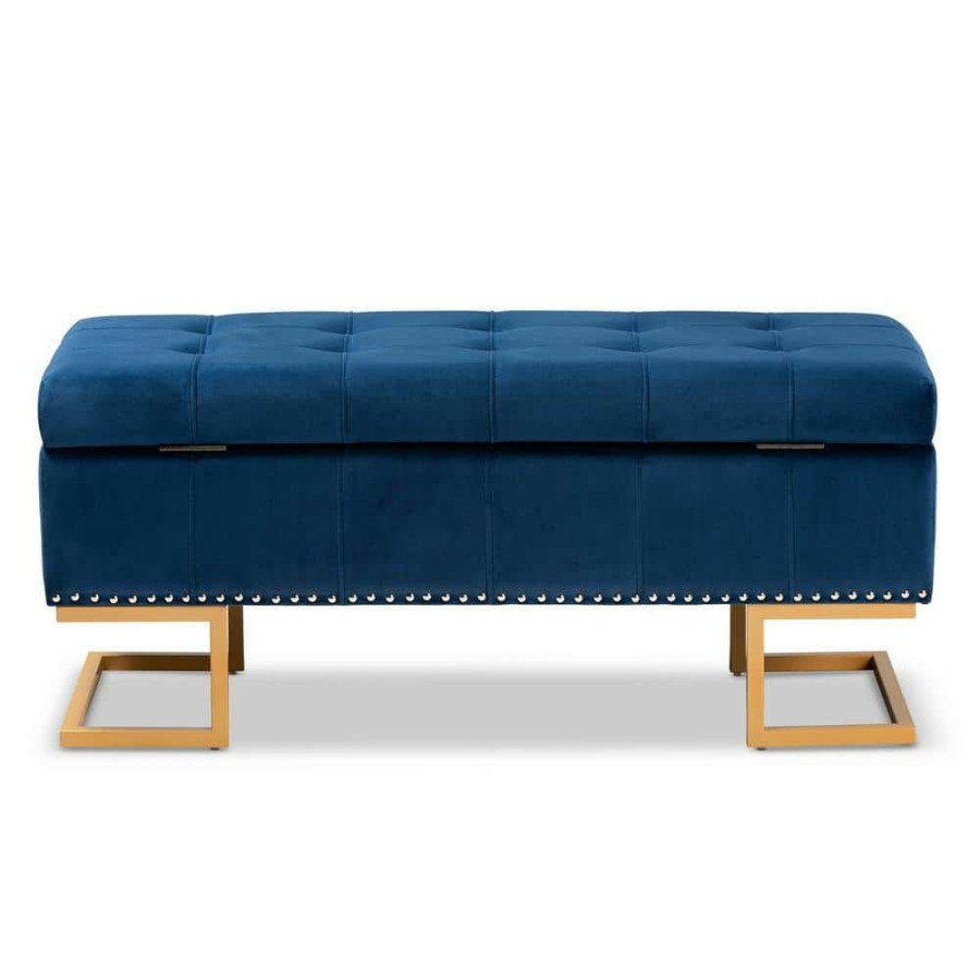 Living Room Furniture * | Ellery Navy Blue And Gold Storage Ottoman By Baxton Studio