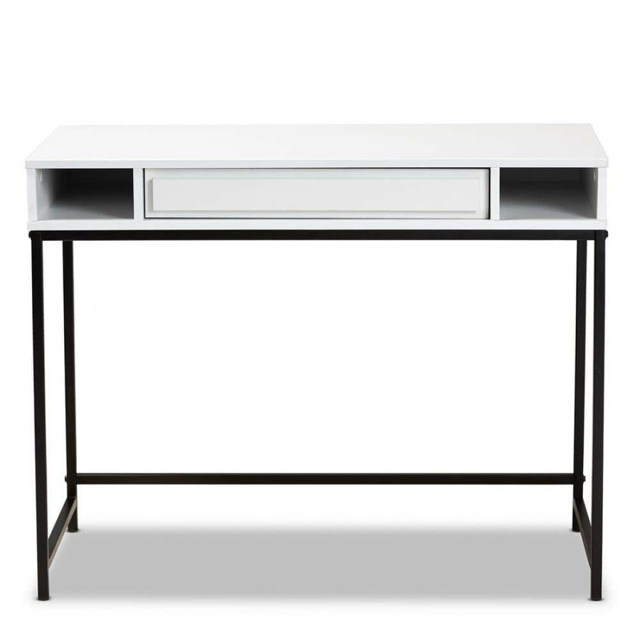 Bar Furniture * | Cargan 39.4 In. W Rectangular White And Black Particle Board 1-Drawer Desk By Baxton Studio