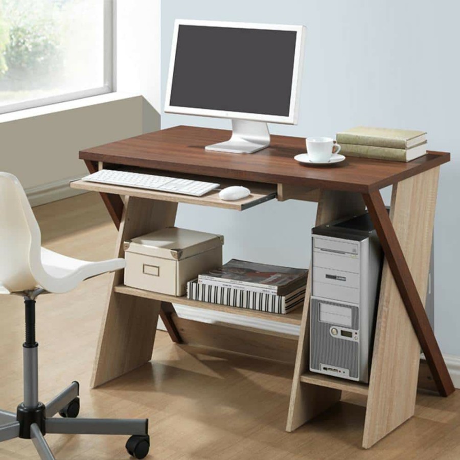 Bar Furniture * | 47.2 In. Rectangular White/Dark Brown 2 Drawer Writing Desks With Keyboard Tray By Baxton Studio