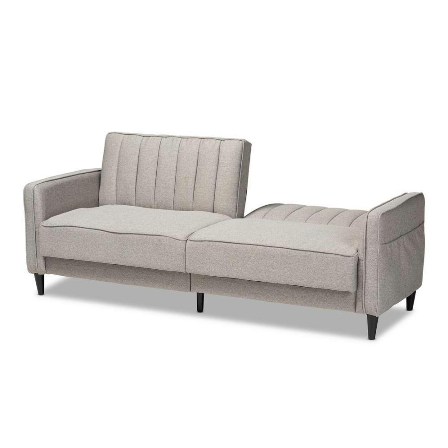 Living Room Furniture * | Colby 77.2 In. Gray Channel Tufted Fabric 3-Seater Twin Sleeper Sofa Bed With Tapered Legs By Baxton Studio