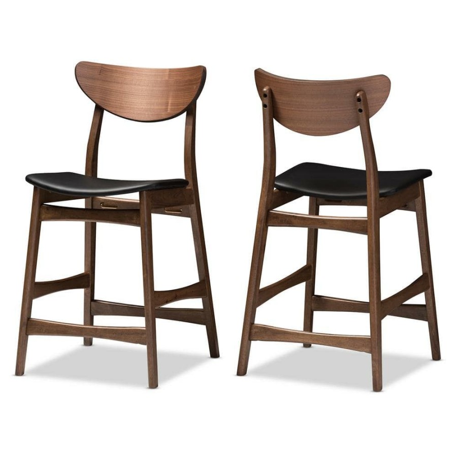 Bar Furniture * | Latina Black Faux Leather And Medium Brown Wood 2-Piece Counter Stool Set By Baxton Studio