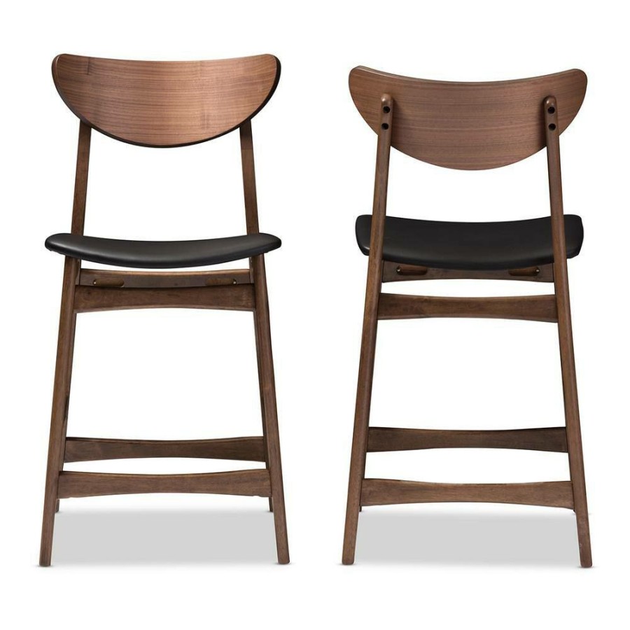 Bar Furniture * | Latina Black Faux Leather And Medium Brown Wood 2-Piece Counter Stool Set By Baxton Studio