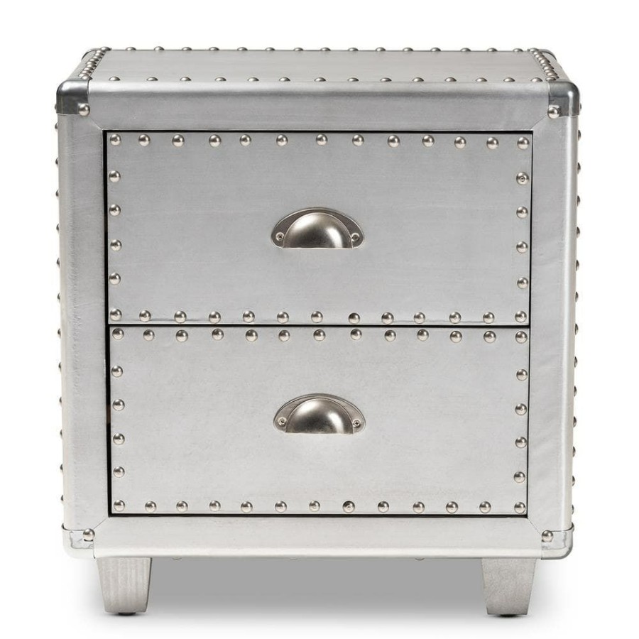 Bedroom Furniture * | Davet 2-Drawer Silver Nightstand By Baxton Studio