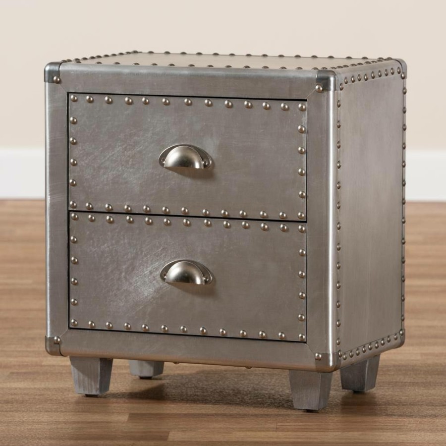 Bedroom Furniture * | Davet 2-Drawer Silver Nightstand By Baxton Studio