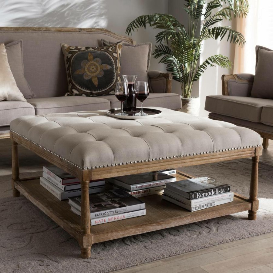 Living Room Furniture * | Carlotta Beige Coffee Table Ottoman By Baxton Studio