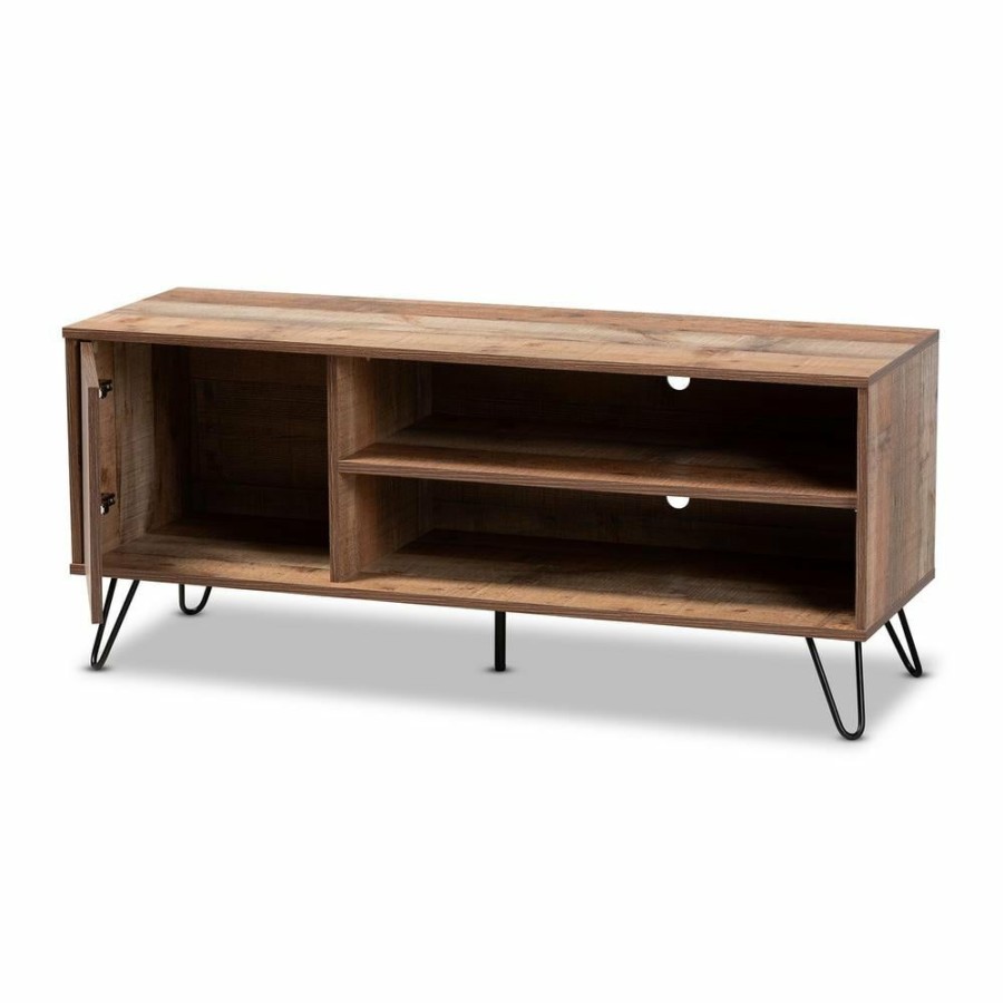 Living Room Furniture * | Iver Rustic Oak And Black Modern Tv Stand By Baxton Studio