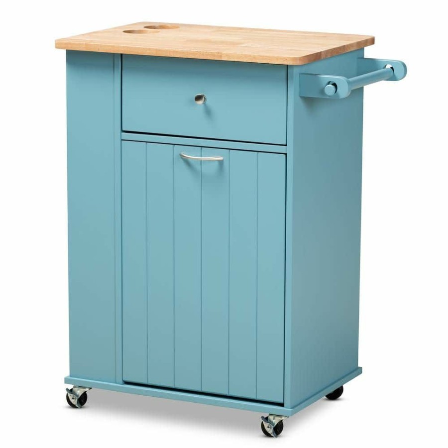 Living Room Furniture * | Liona Blue Kitchen Cart With Natural Wood Top By Baxton Studio